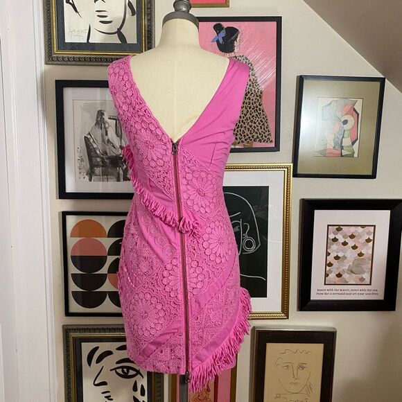 Tracy Reese Anthropologie Women’s Hot Pink Lace/Fringe Sheath Dress sz 4 - Picture 4 of 6